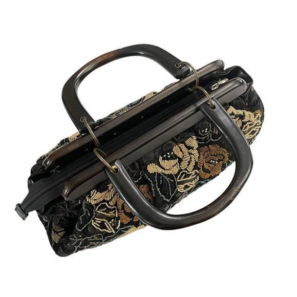 Vintage Unbranded Floral Pattern Beaded Fabric Handbag Satchel Purse Wood Handle - Picture 5 of 16